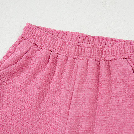 Pink Textured V Neck T Shirt and Shorts Set