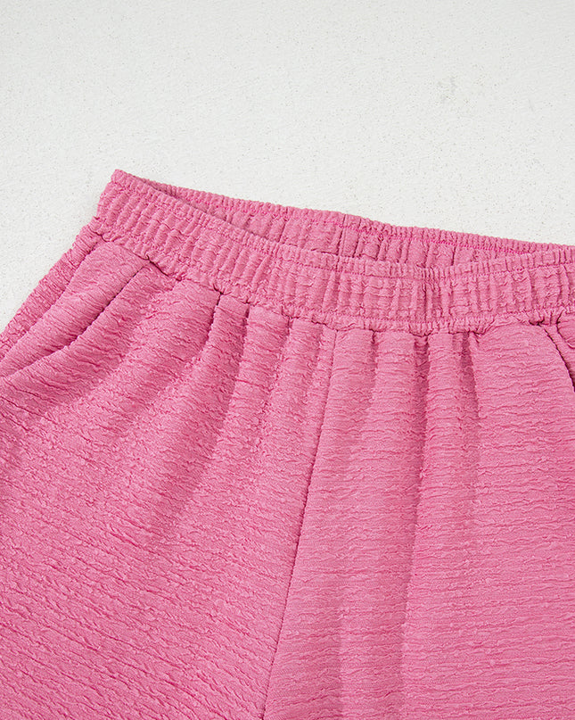 Pink Textured V Neck T Shirt and Shorts Set