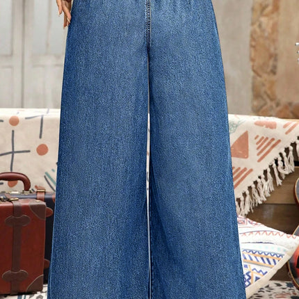 Sail Blue Plus Size Elastic Waist Ruffled Wide Leg Denim Pants