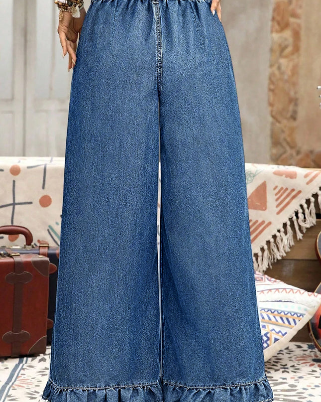 Sail Blue Plus Size Elastic Waist Ruffled Wide Leg Denim Pants