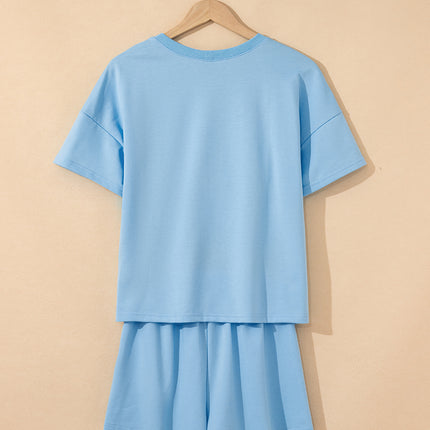 Mint Green V Neck Drop Shoulder Tee and Patchwork Drawstring Shorts Set