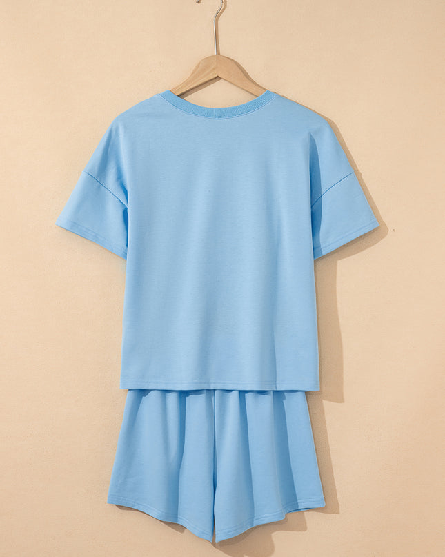 Mint Green V Neck Drop Shoulder Tee and Patchwork Drawstring Shorts Set
