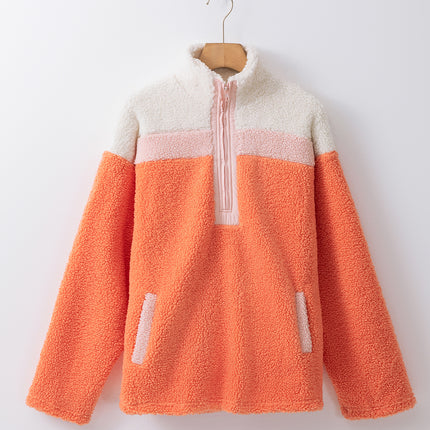 Orange Colorblock Half Zipper Stand Neck Sherpa Sweatshirt