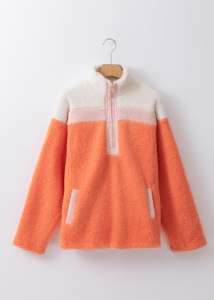 Orange Colorblock Half Zipper Stand Neck Sherpa Sweatshirt