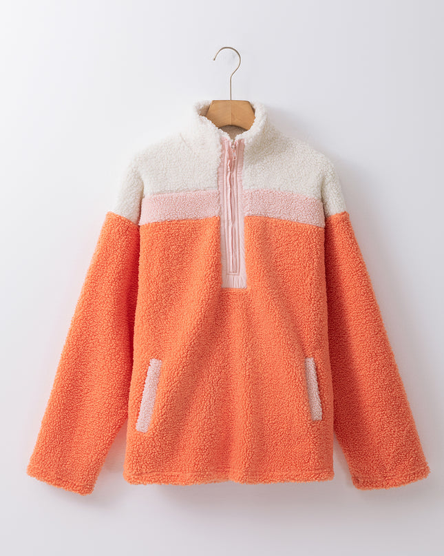 Orange Colorblock Half Zipper Stand Neck Sherpa Sweatshirt