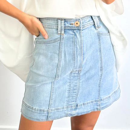 Beau Blue Exposed Seam Detail A-line Denim Mini Skirt with Pockets