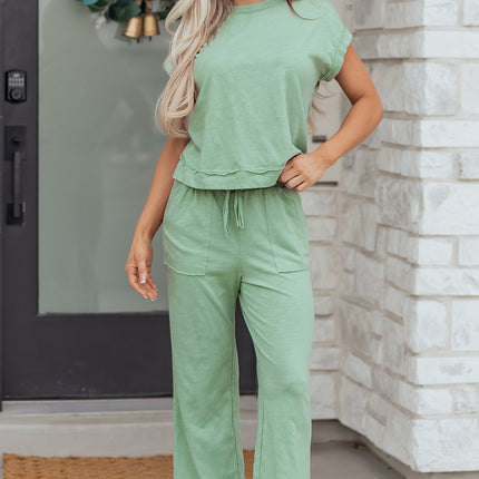 Canton Cuffed Short Sleeve Tee Raw Seam Patch Pocket Drawstring Pants Set