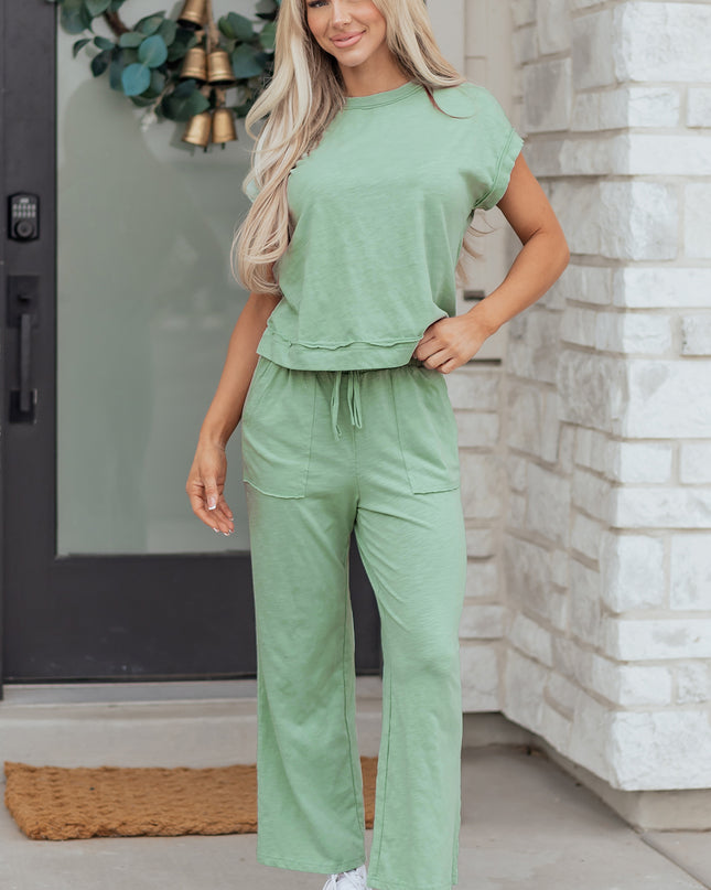 Canton Cuffed Short Sleeve Tee Raw Seam Patch Pocket Drawstring Pants Set