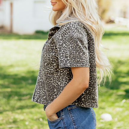 Gray Vintage Leopard Print Short Sleeve Loose Cotton Denim Shirt