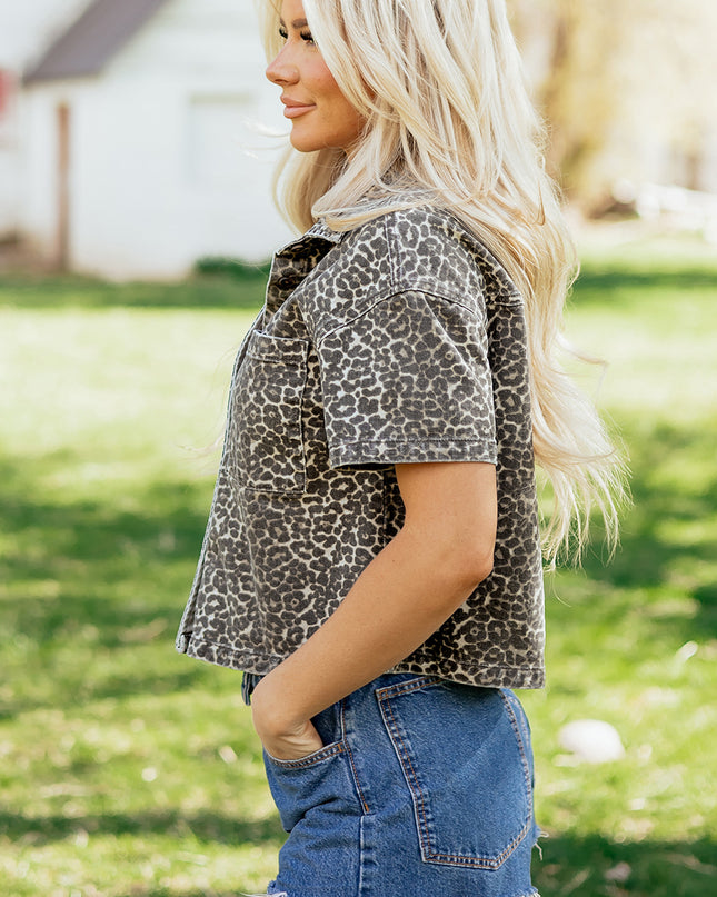 Gray Vintage Leopard Print Short Sleeve Loose Cotton Denim Shirt