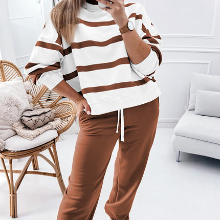 Brown Stripe Striped Drop Shoulder Pullover and Jogger Pants Set