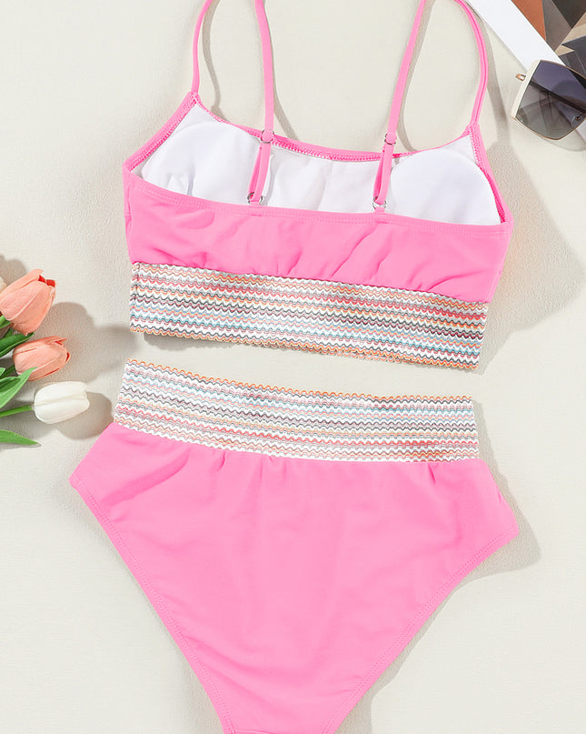 Peach Blossom Striped Patchwork Spaghetti Strap High Waist Bikini Swimsuit