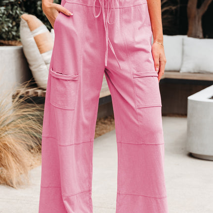 Bonbon Exposed Seam Drawstring Elastic Waistband Wide Leg Cargo Pants
