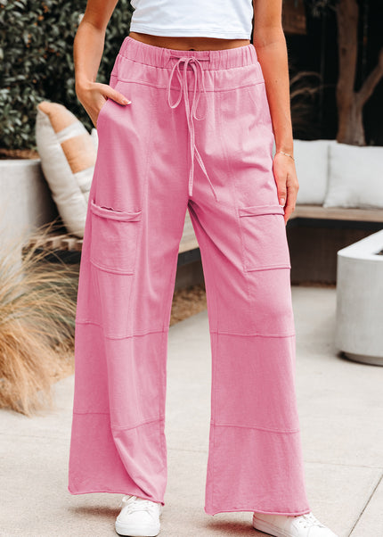 Bonbon Exposed Seam Drawstring Elastic Waistband Wide Leg Cargo Pants