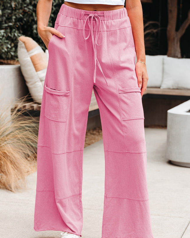 Bonbon Exposed Seam Drawstring Elastic Waistband Wide Leg Cargo Pants