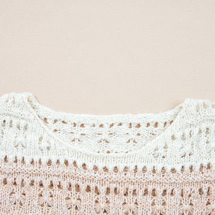 Pink Hollow-out Colorblock Drop Shoulder Casual Sweater