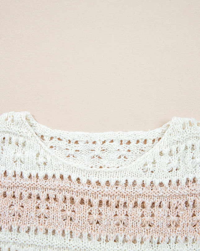 Pink Hollow-out Colorblock Drop Shoulder Casual Sweater