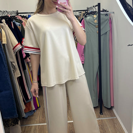 Jet Stream Contrast Striped Trim Crewneck T Shirt Loose Straight Pants Set