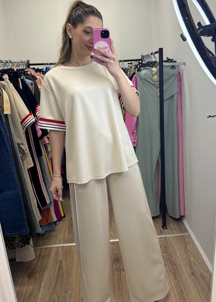 Jet Stream Contrast Striped Trim Crewneck T Shirt Loose Straight Pants Set