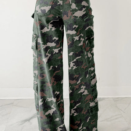 Green Camo Denim Cargo Wide Leg Pants