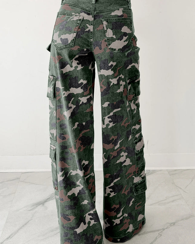 Green Camo Denim Cargo Wide Leg Pants
