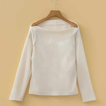 Beige Solid Color Waffle Knit Asymmetric Neck Long Sleeve Top
