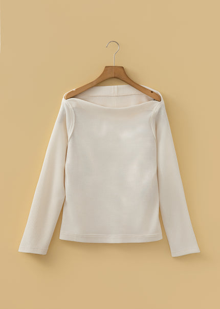 Beige Solid Color Waffle Knit Asymmetric Neck Long Sleeve Top