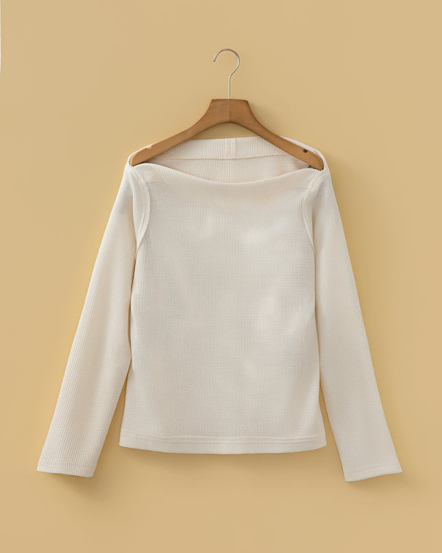 Beige Solid Color Waffle Knit Asymmetric Neck Long Sleeve Top