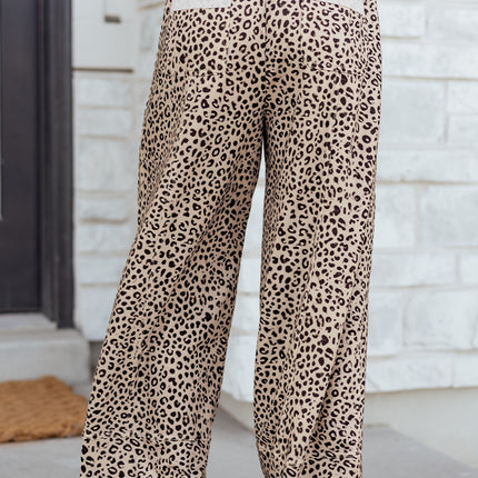 Khaki Animal Print Wide Leg Terry Knit Pants