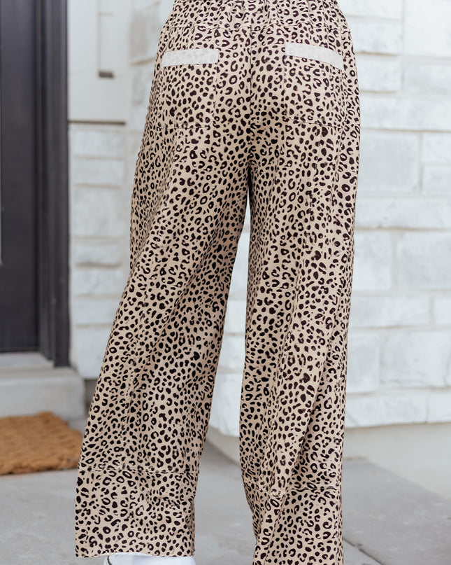 Khaki Animal Print Wide Leg Terry Knit Pants