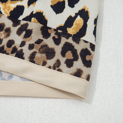 Khaki Mixed Leopard Patchwork 3/4 Sleeve Loose Shirt