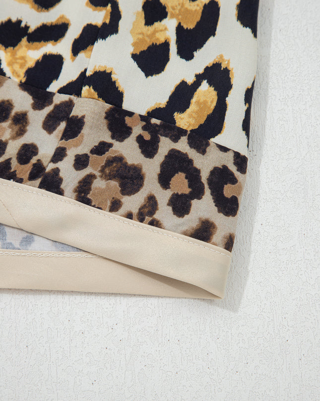 Khaki Mixed Leopard Patchwork 3/4 Sleeve Loose Shirt