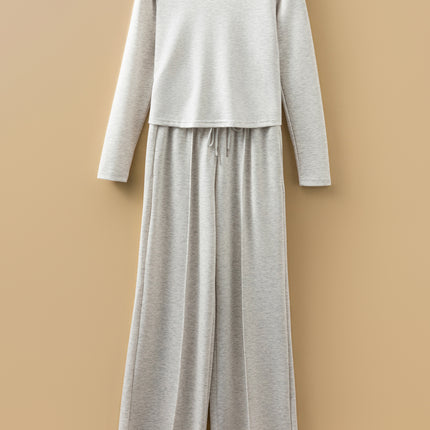 Light Grey Long Sleeve High Neck Slim Top Smocked Waist Central Seam Pants Set
