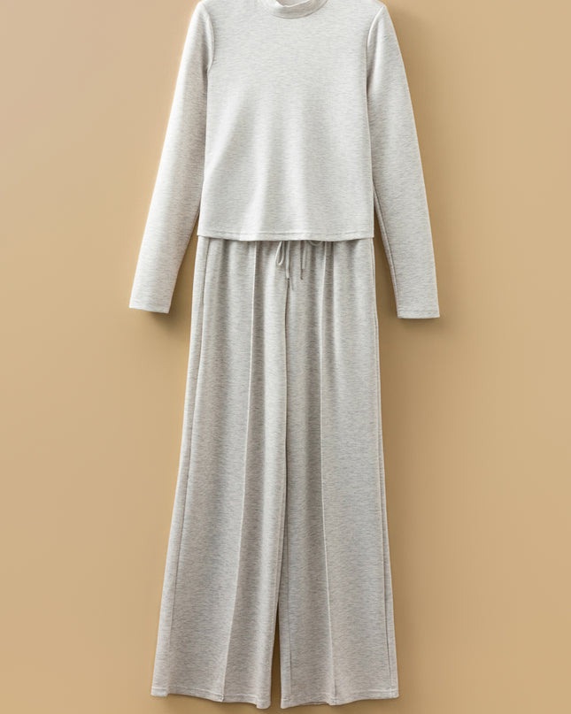 Light Grey Long Sleeve High Neck Slim Top Smocked Waist Central Seam Pants Set