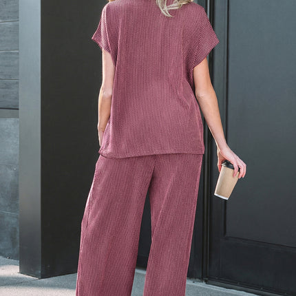 Dark Grey Twisted Ribbed High Neck Loose Tee Elastic High Waist Loose Pant Set