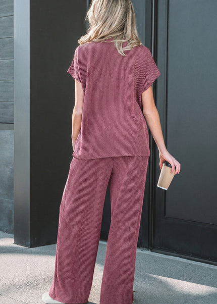 Dark Grey Twisted Ribbed High Neck Loose Tee Elastic High Waist Loose Pant Set