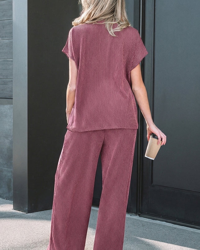 Dark Grey Twisted Ribbed High Neck Loose Tee Elastic High Waist Loose Pant Set