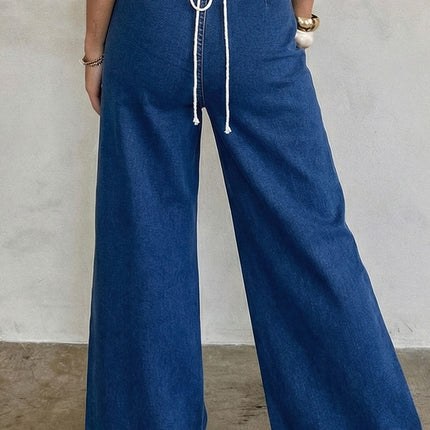 Sail Blue Hardware Decor Patched Pockets Wide Leg Jean Pants