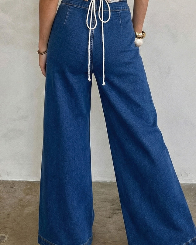 Sail Blue Hardware Decor Patched Pockets Wide Leg Jean Pants