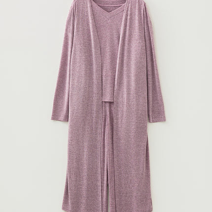 Dark Grey 3pcs V Neck T Shirt Ribbon Knot Pants Open Duster 3pcs Lounge Set