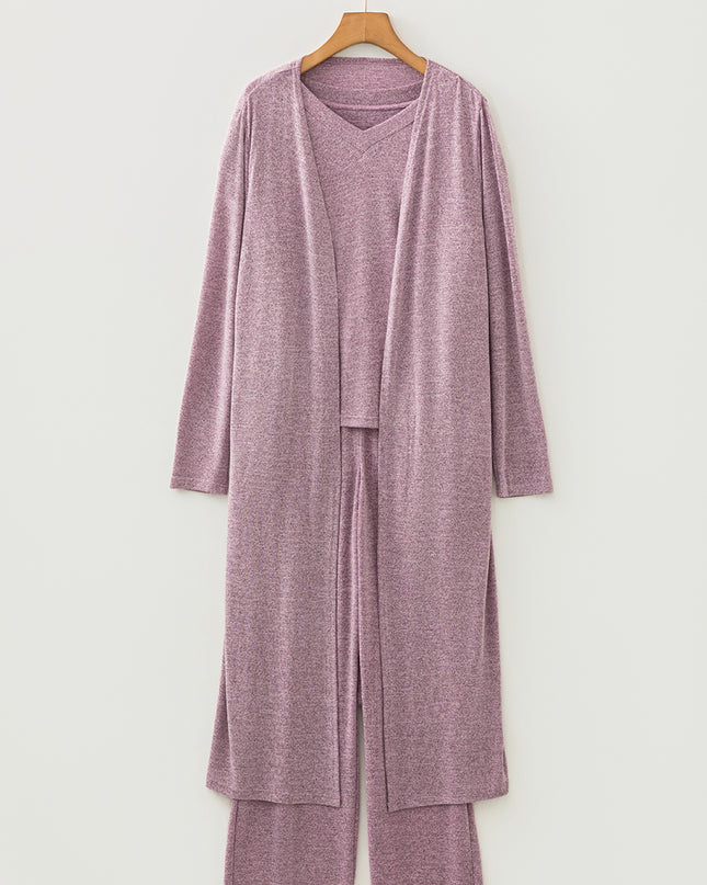 Dark Grey 3pcs V Neck T Shirt Ribbon Knot Pants Open Duster 3pcs Lounge Set