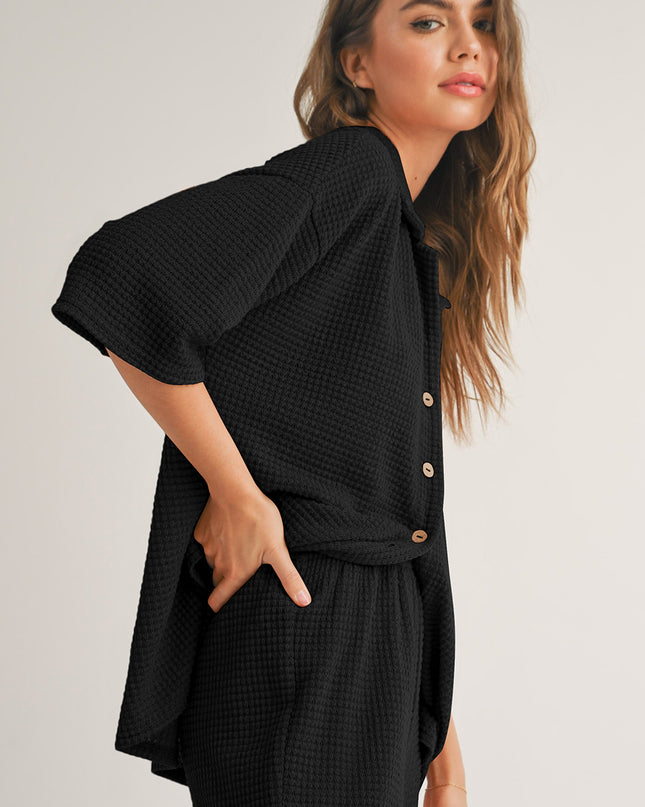 Rose Red Solid Color Textured Buttoned Shirt and Casual Pants Set