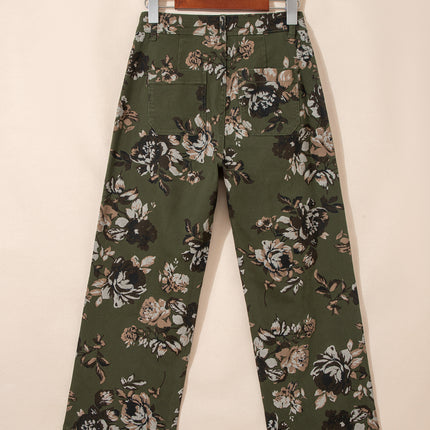 Green Vintage Floral Print Square Patch Pocket Raw Hem Shift Jeans
