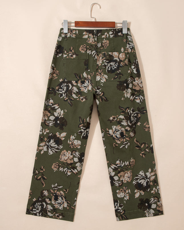 Green Vintage Floral Print Square Patch Pocket Raw Hem Shift Jeans