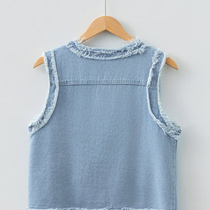 Beau Blue Frayed Edge Flap Pockets Denim Vest Jacket