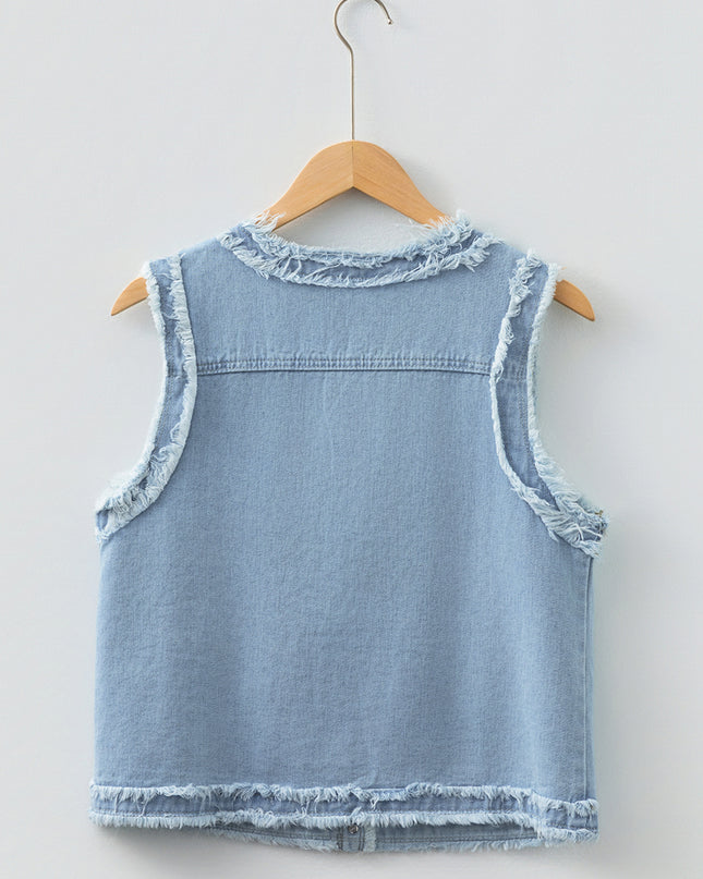 Beau Blue Frayed Edge Flap Pockets Denim Vest Jacket