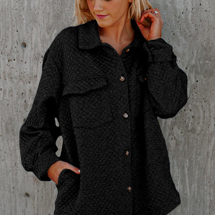 Black Retro Quilted Flap Pocket Button Shacket