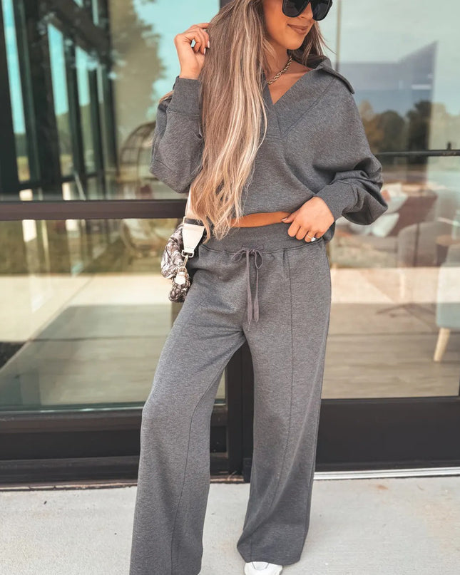 Medium Grey Collared V Neck Pullover Sweatshirt Sweatpants Set