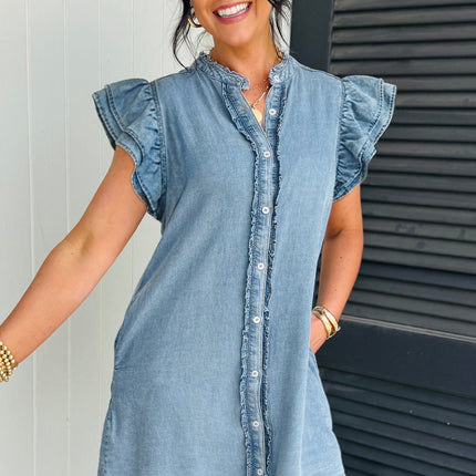 Myosotis Frilled Detail Button Down Ruffle Short Sleeve Denim Mini Dress