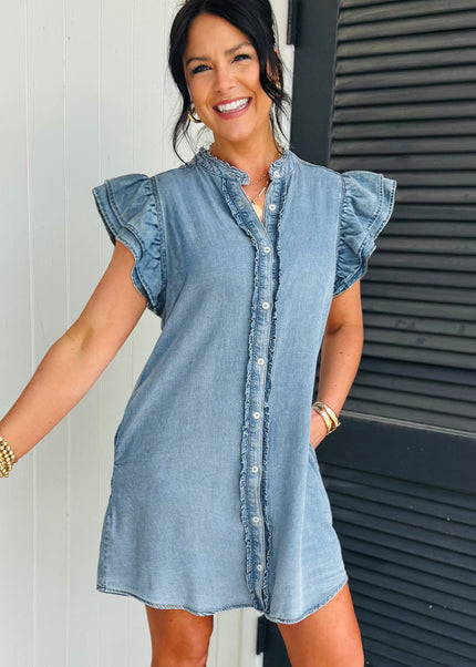 Myosotis Frilled Detail Button Down Ruffle Short Sleeve Denim Mini Dress